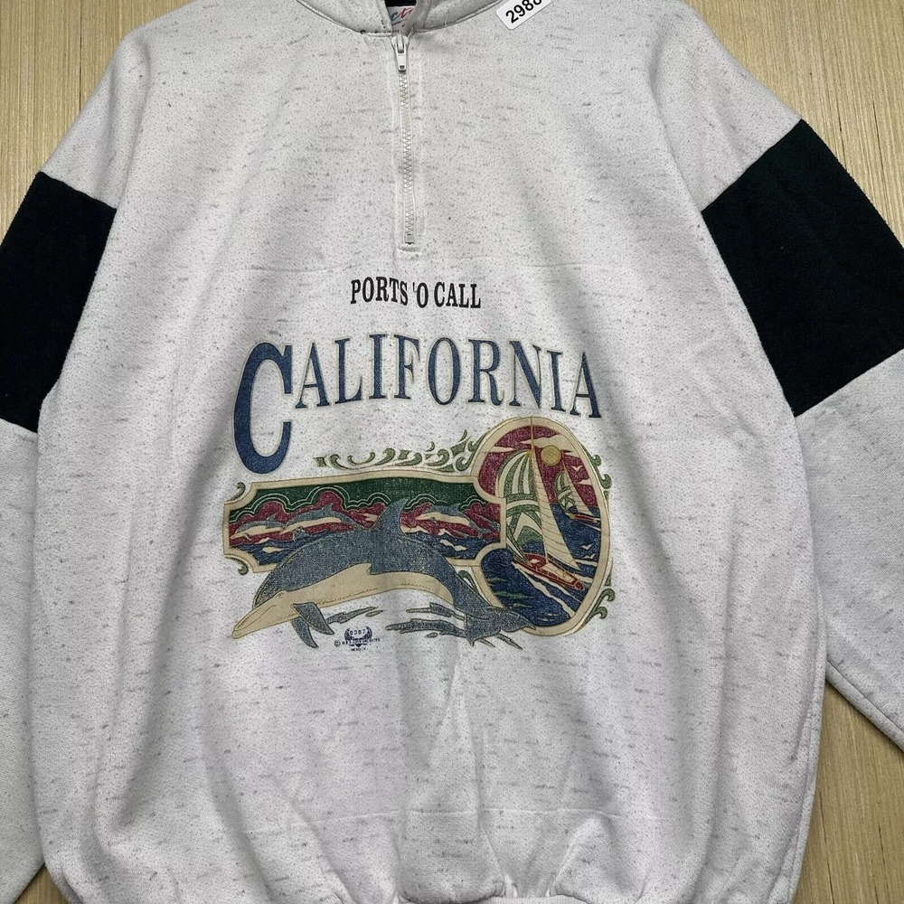 Vintage California Sweater Adult Large Grey Long Sleeve Men's 1/4 Zip 90s